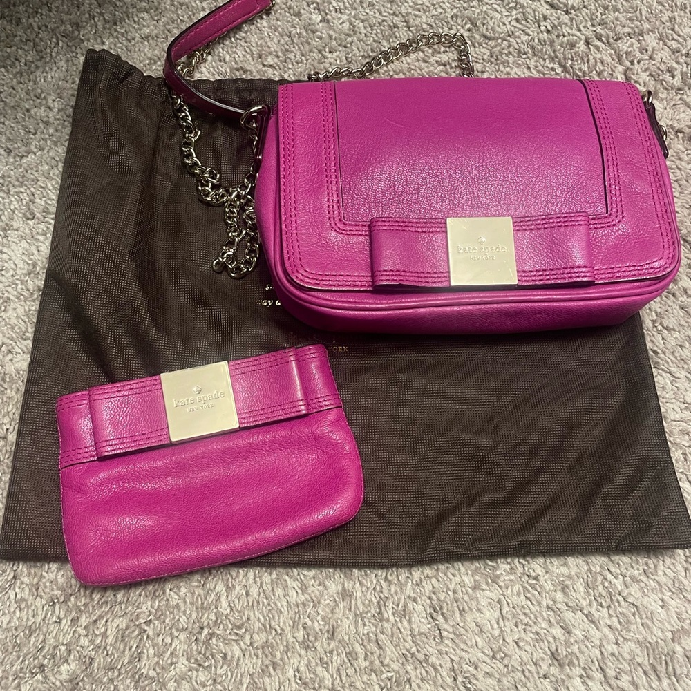 Kate Spade Pink Leather Bow Bag on Chain with Matching Coin Purse